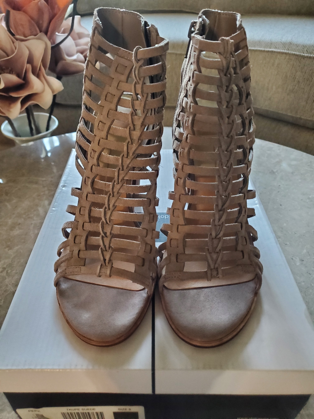 Dolce Vita Taupe Strappy Lace-Up Cage Heeled Sandals